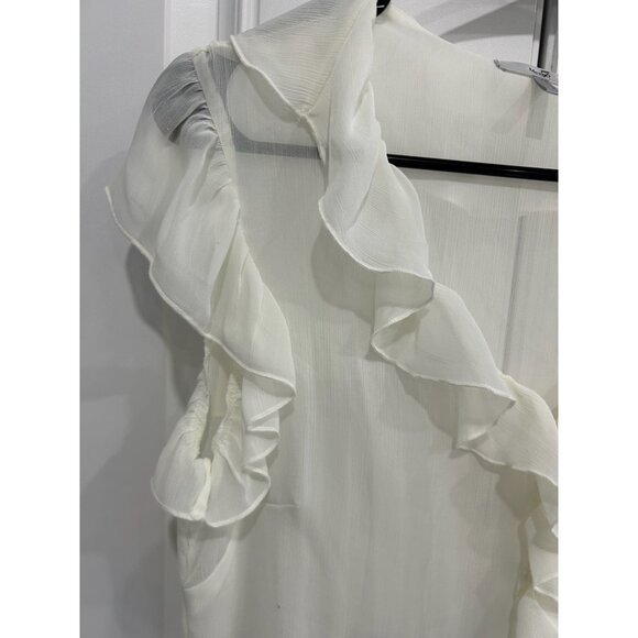 Metro 7 Sheer Cap Sleeve  V-Neck Ruffle Blouse Eggshell Sz Medium Career Office - Picture 4 of 10